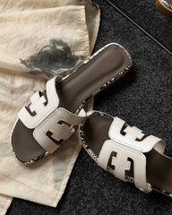 Cutout Strap Leather Flat Slip-On Slide Sandals