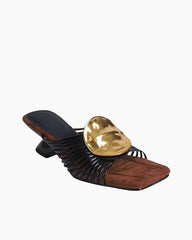 Gilded Emblem Metallic Strap Slides Mules