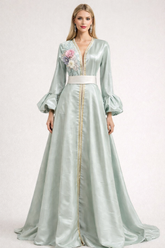 Mint Satin Embroidered Maxi Dress with Balloon Sleeves