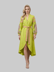 Lime Wrap Midi Dress with Embroidered Sleeves & Waist Tie