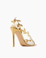 Gold Leaf Stiletto Heels Transparent Straps Sandals