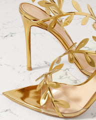 Gold Leaf Stiletto Heels Transparent Straps Sandals