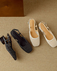 Woven Buckle Strap Slingback Chunky Heel Sandals