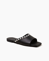 Pearl Embellished Square Toe Flat Slide Sandals