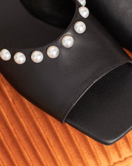 Pearl Embellished Square Toe Flat Slide Sandals
