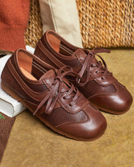 Retro Brown Nappa Leather Vintage Lace-Up Sneakers