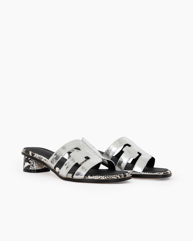 Cutout Strap Leather Mid Block Heel Slide Sandals