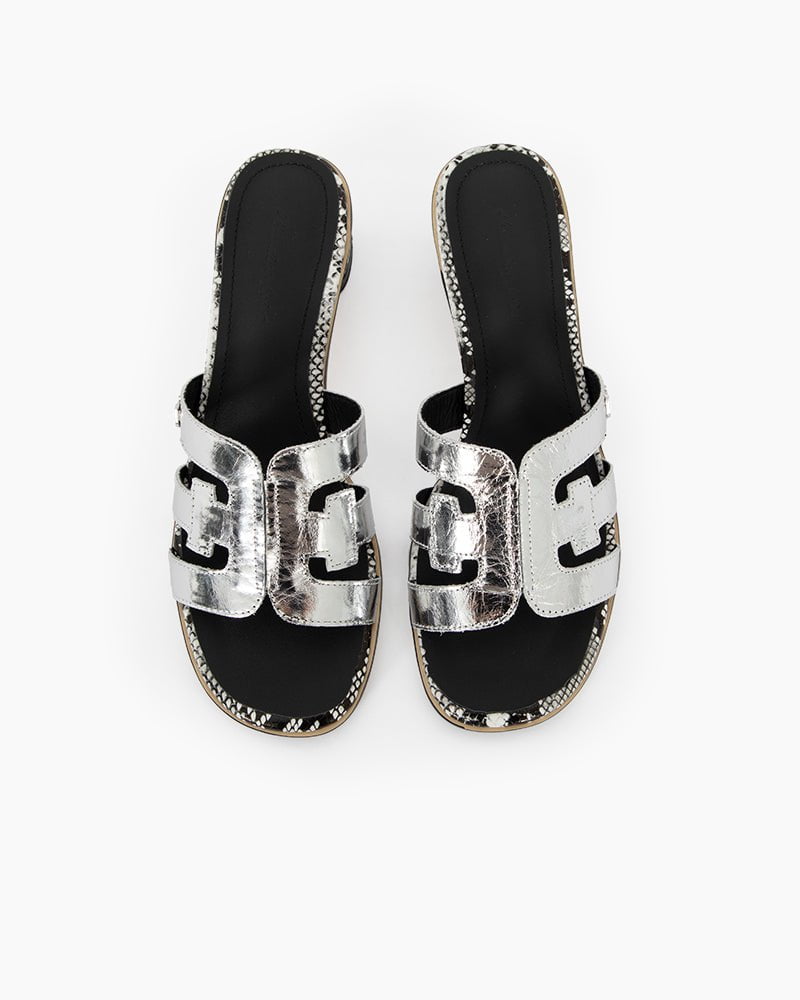 Cutout Strap Leather Mid Block Heel Slide Sandals