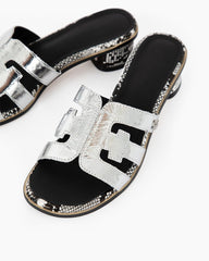 Cutout Strap Leather Mid Block Heel Slide Sandals