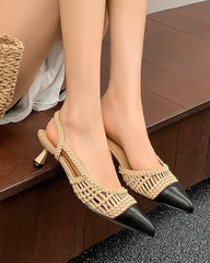 Woven Rattan Mesh Design Slingback Kitten Heel Sandals