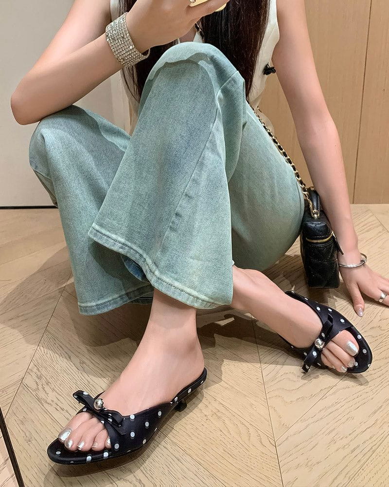 Polka Dot Bow Patent Leather Kitten Heel Sandals