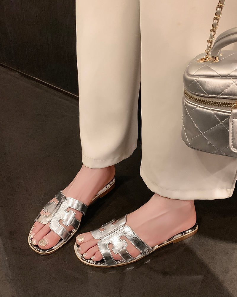 Cutout Strap Leather Flat  Slip-On Slide Sandals