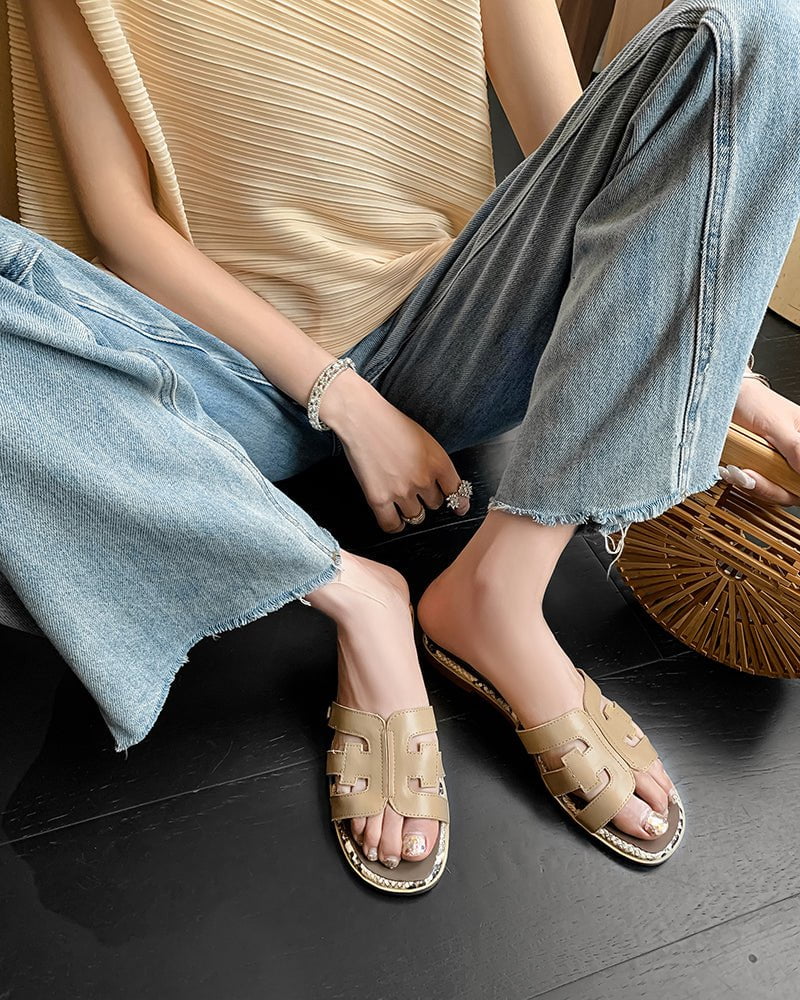 Cutout Strap Leather Flat  Slip-On Slide Sandals