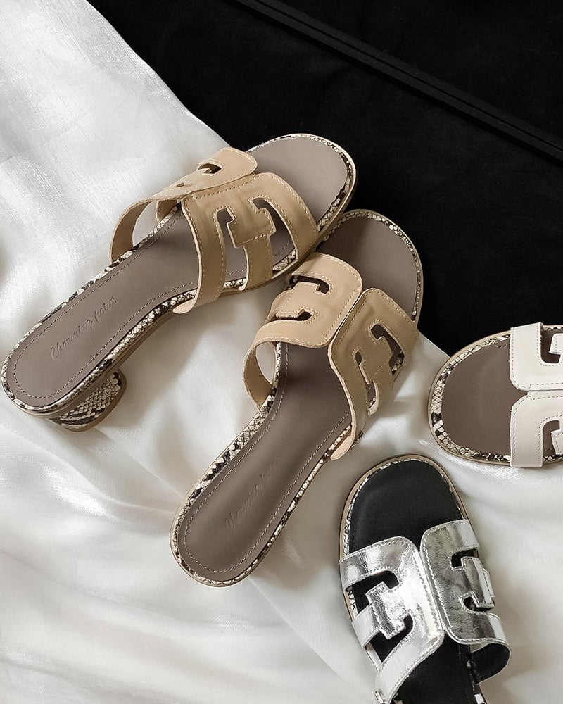 Cutout Strap Leather Mid Block Heel Slide Sandals