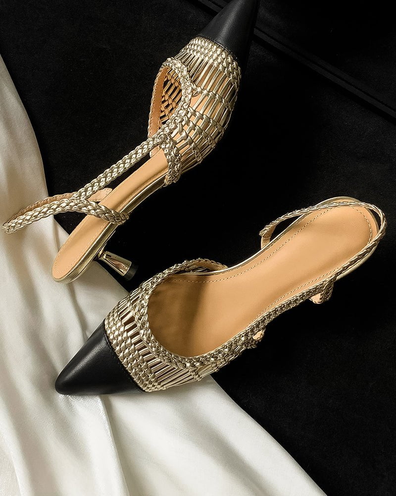 Woven Rattan Mesh Design Slingback Kitten Heel Sandals