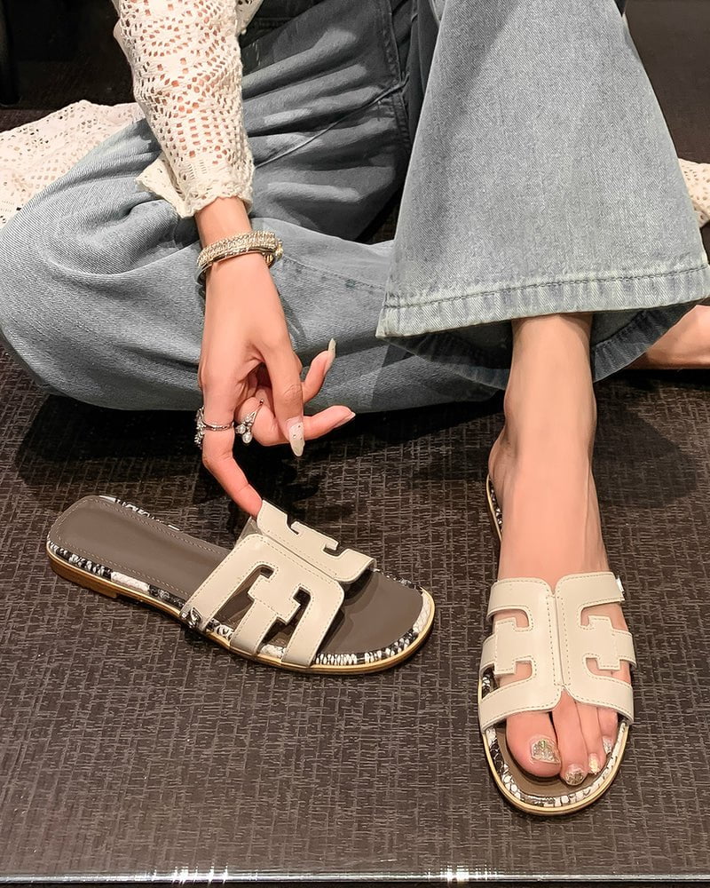 Cutout Strap Leather Flat  Slip-On Slide Sandals