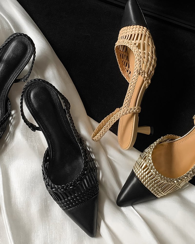 Woven Rattan Mesh Design Slingback Kitten Heel Sandals