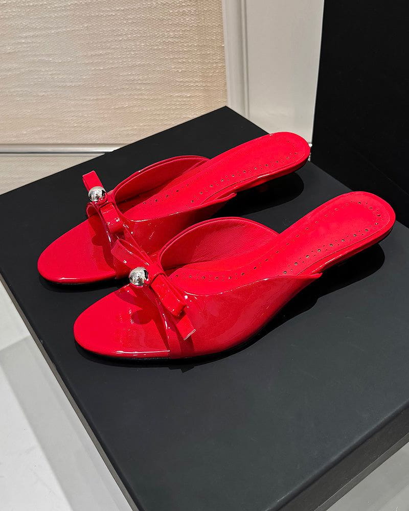 Polka Dot Bow Patent Leather Kitten Heel Sandals