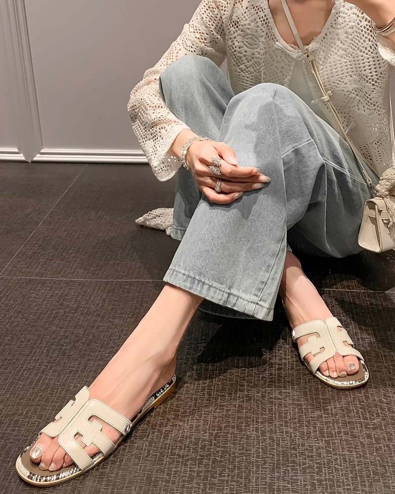 Cutout Strap Leather Flat  Slip-On Slide Sandals