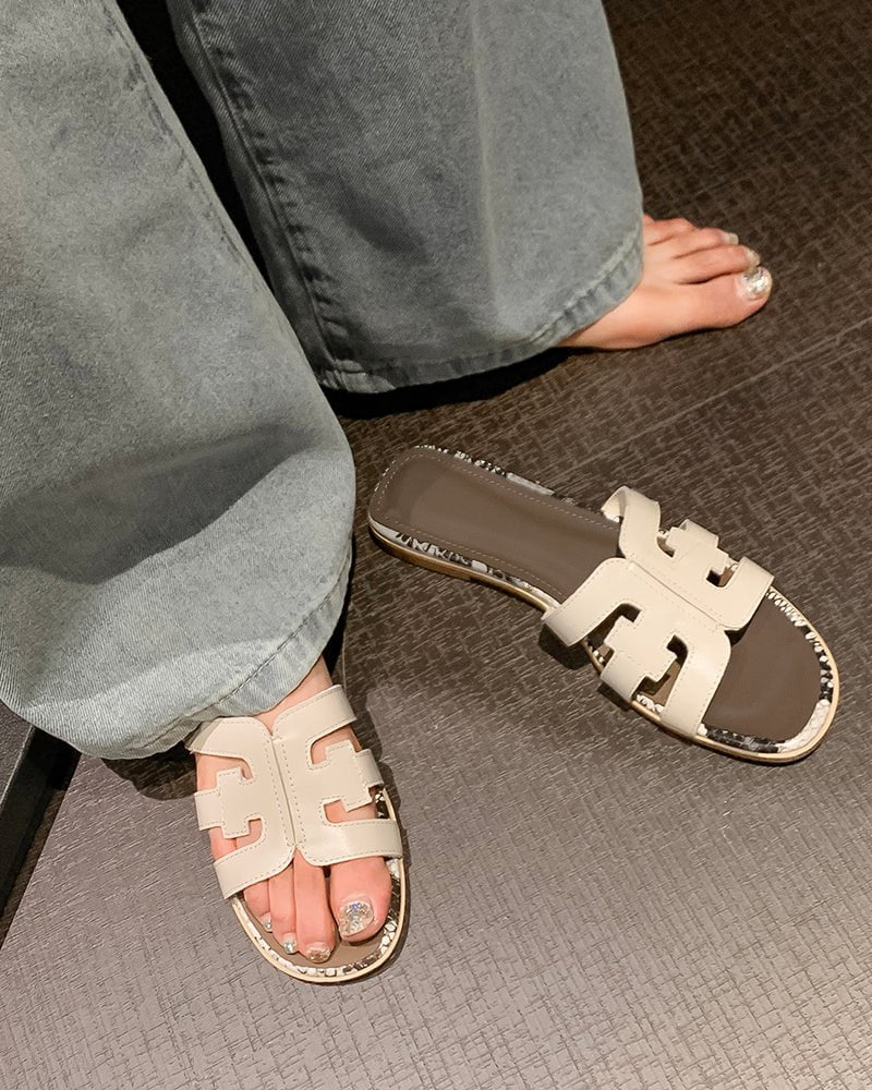 Cutout Strap Leather Flat  Slip-On Slide Sandals