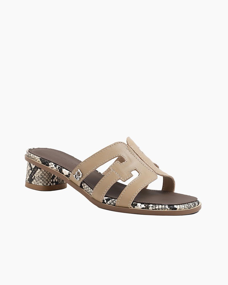 Cutout Strap Leather Mid Block Heel Slide Sandals