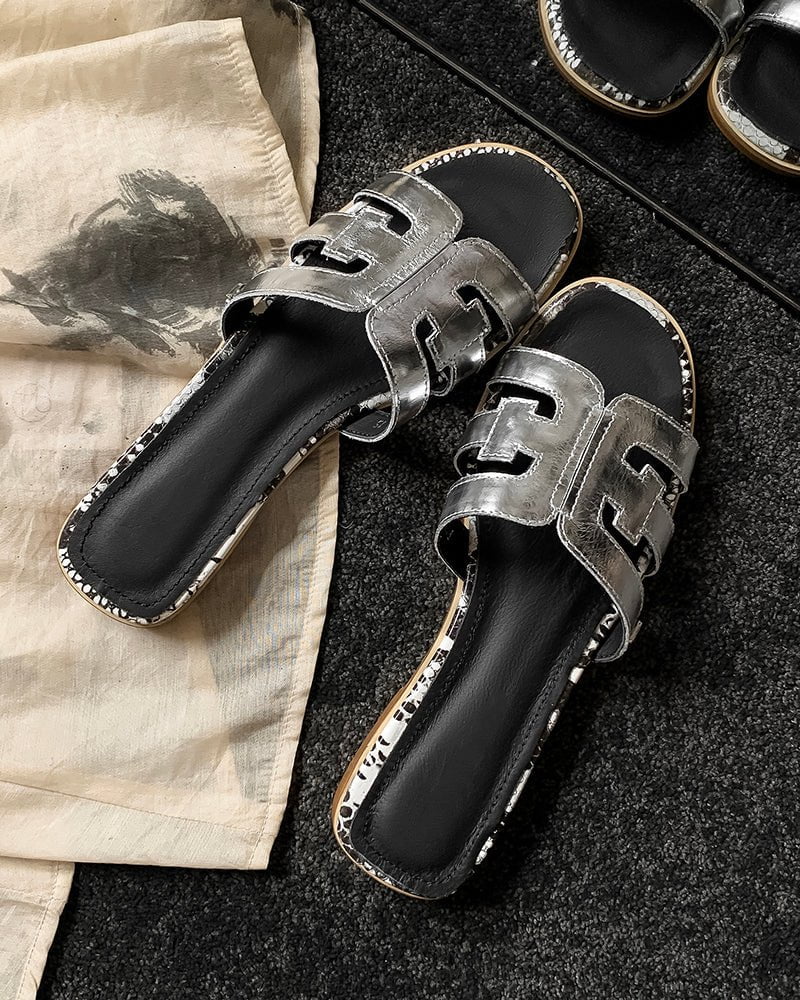 Cutout Strap Leather Flat  Slip-On Slide Sandals