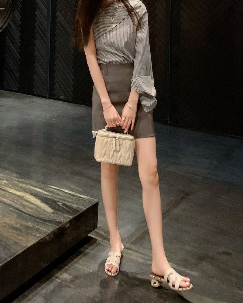 Cutout Strap Leather Mid Block Heel Slide Sandals