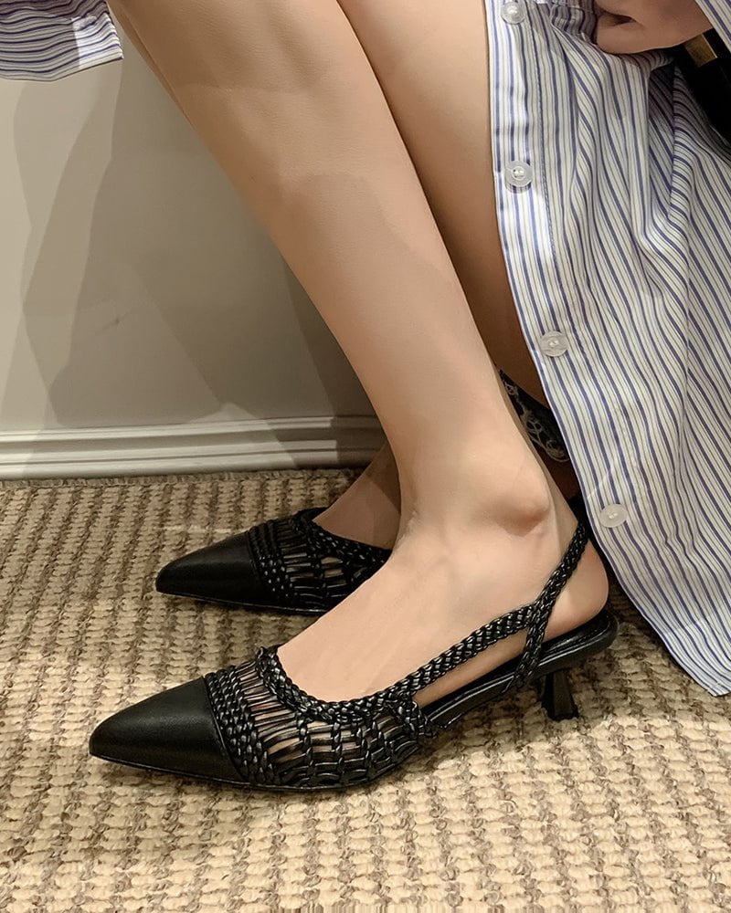Woven Rattan Mesh Design Slingback Kitten Heel Sandals