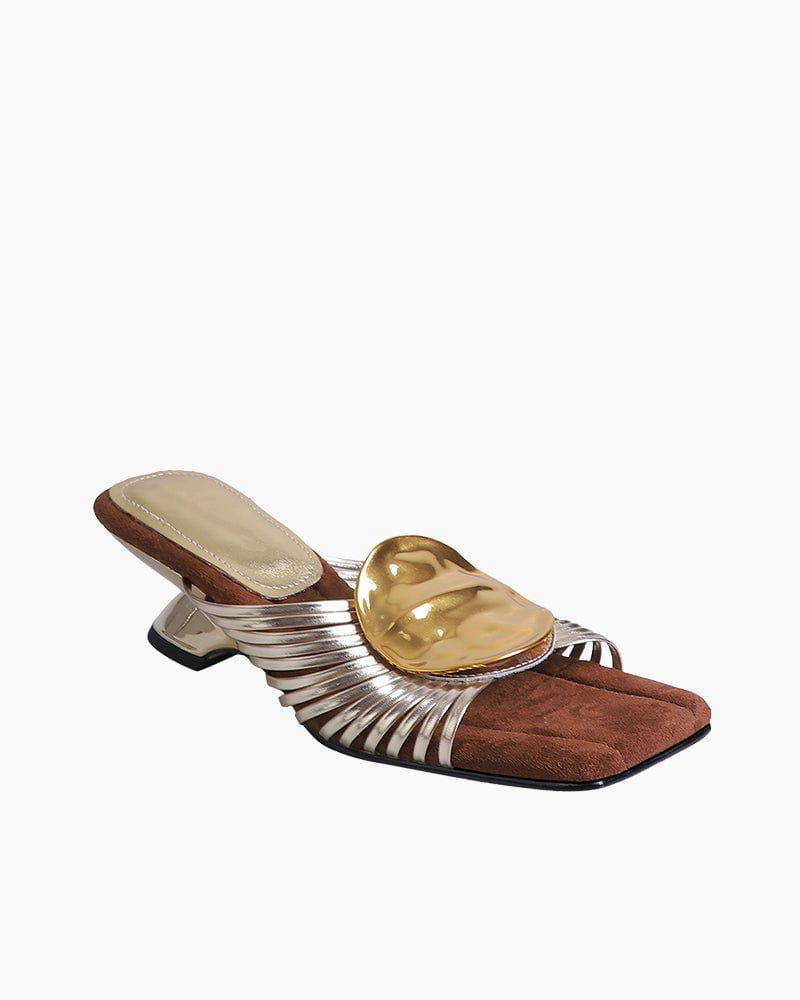 Gilded Emblem Metallic Strap Slides Mules