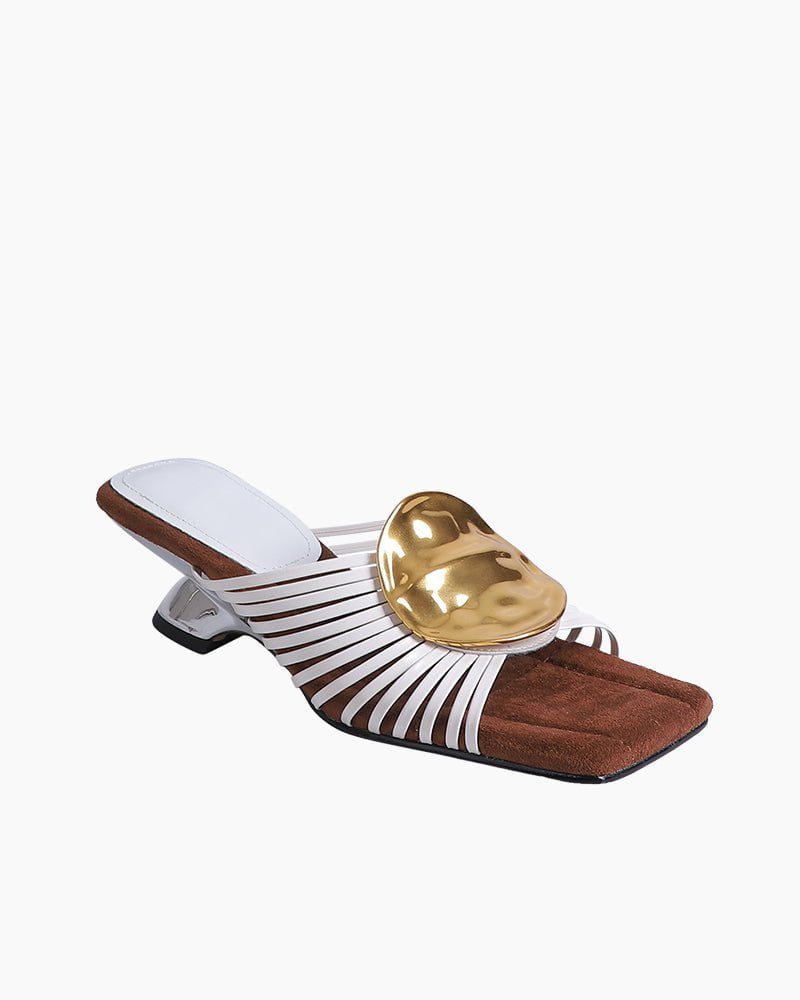 Gilded Emblem Metallic Strap Slides Mules