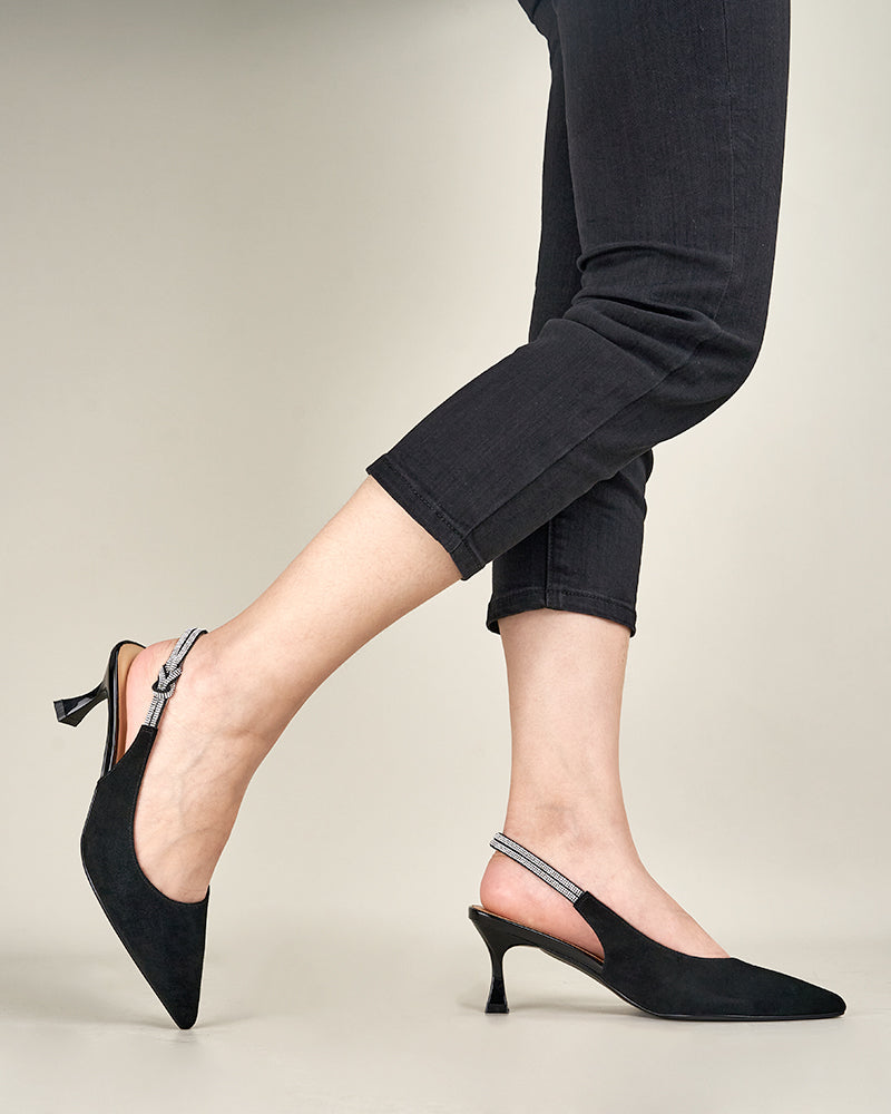 Suede Rhinestone Decor Kitten Heeled Sandals