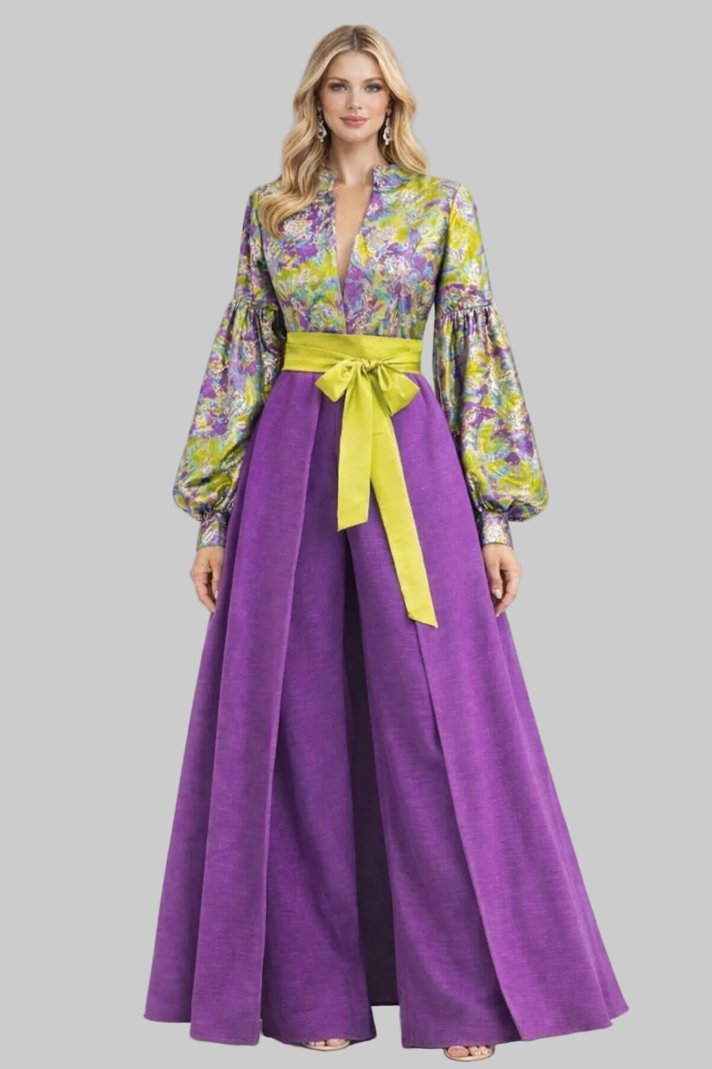 Long Floral Jacquard Puff Sleeve Dress with Satin Waist Bow – Purple & Lime