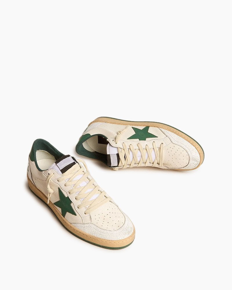 Men's White Nappa Leather Sneakers with Green Leather Star and Heel Tab