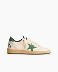 Men's White Nappa Leather Sneakers with Green Leather Star and Heel Tab