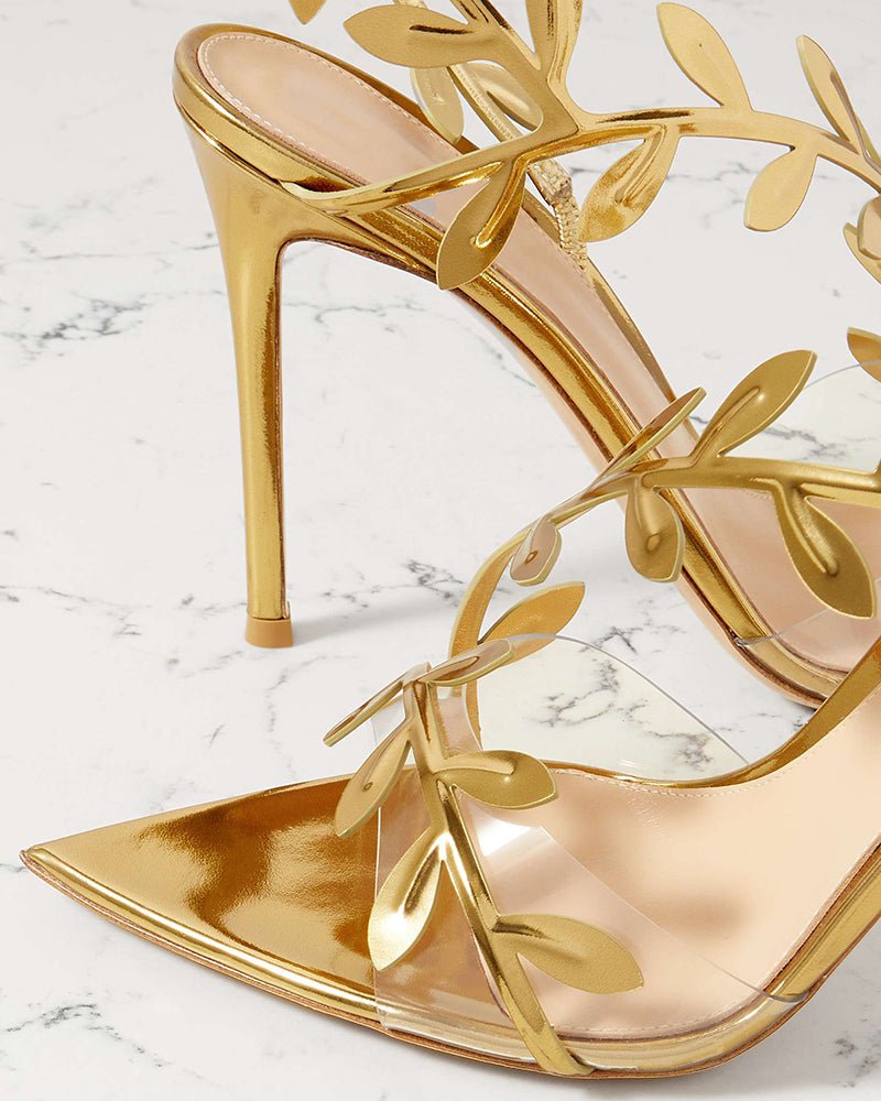 Gold Leaf Stiletto Heels Transparent Straps Sandals