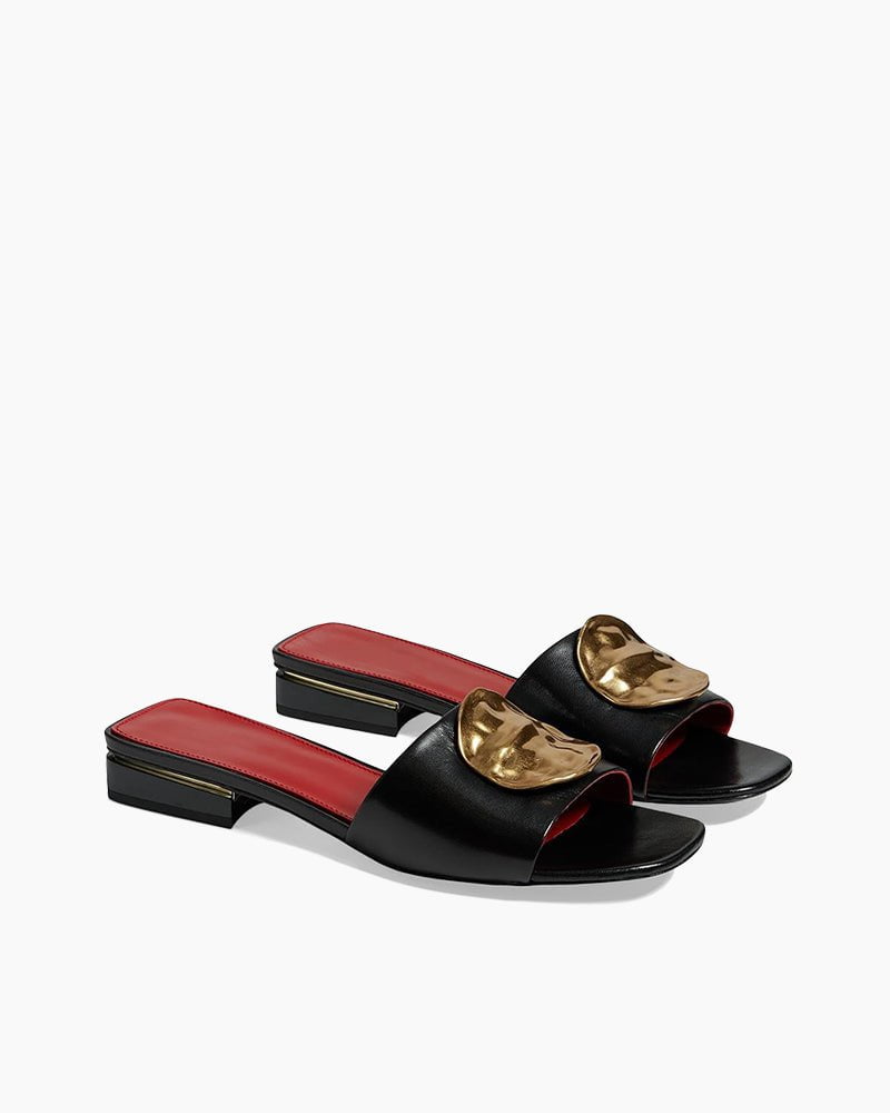 Gold Leaf Accent Black Flat Slide Sandals