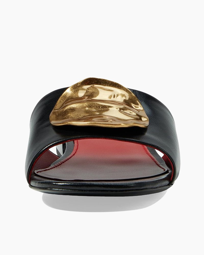 Gold Leaf Accent Black Flat Slide Sandals