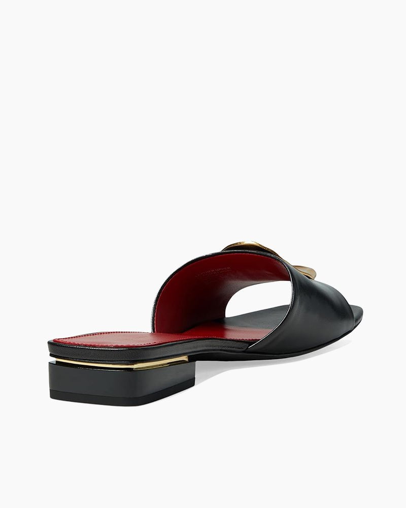 Gold Leaf Accent Black Flat Slide Sandals