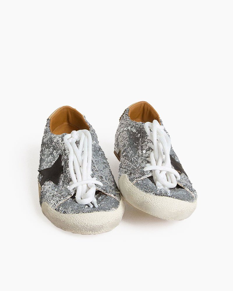 Silver Sequins Sneakers with Black Star and Beige Heel Tab
