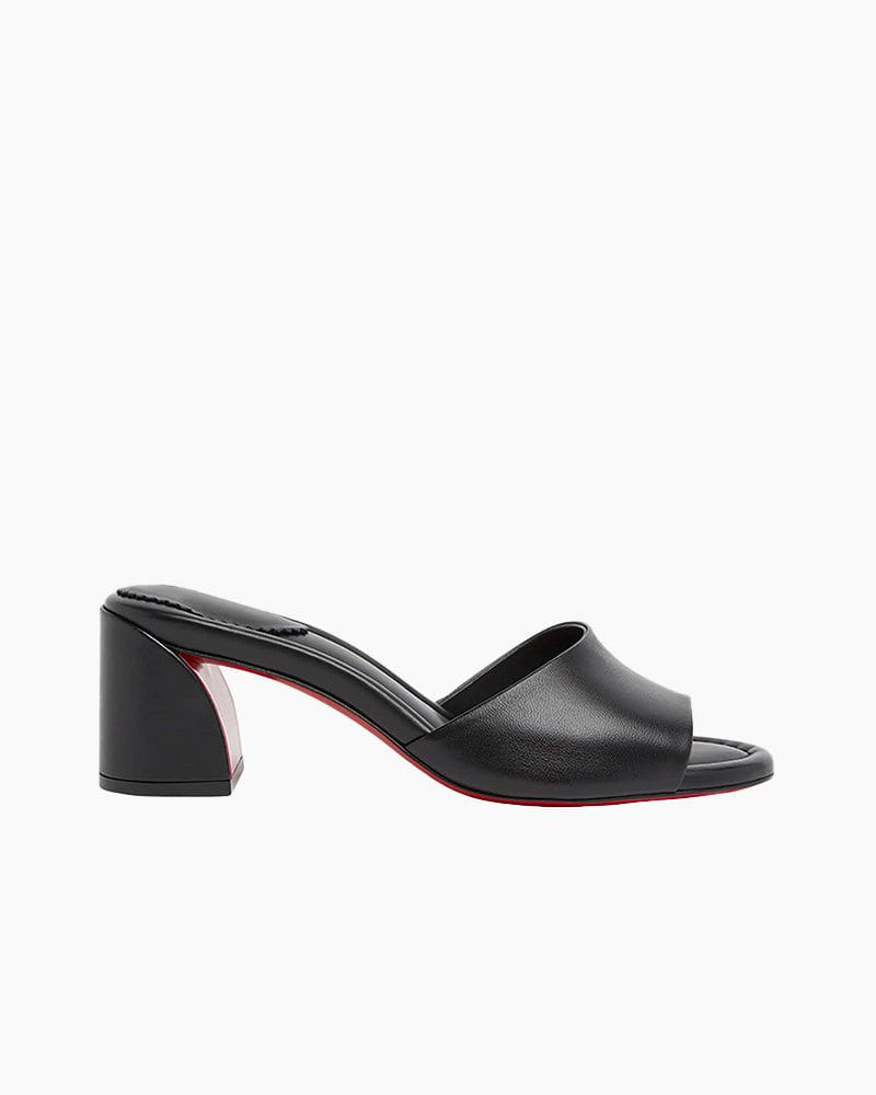 Black Leather Red Sole Block Heel Mule Sandals