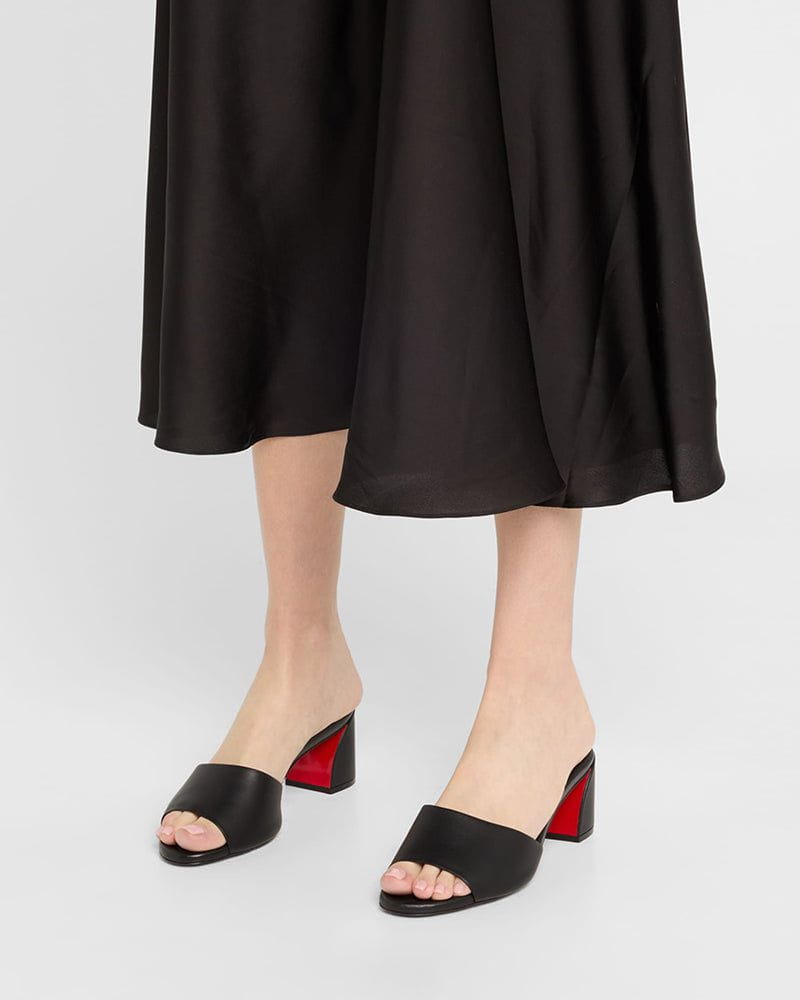Black Leather Red Sole Block Heel Mule Sandals