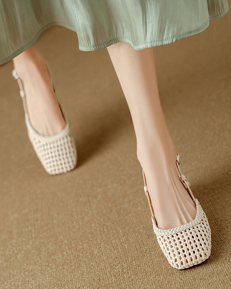 Woven Buckle Strap Slingback Chunky Heel Sandals