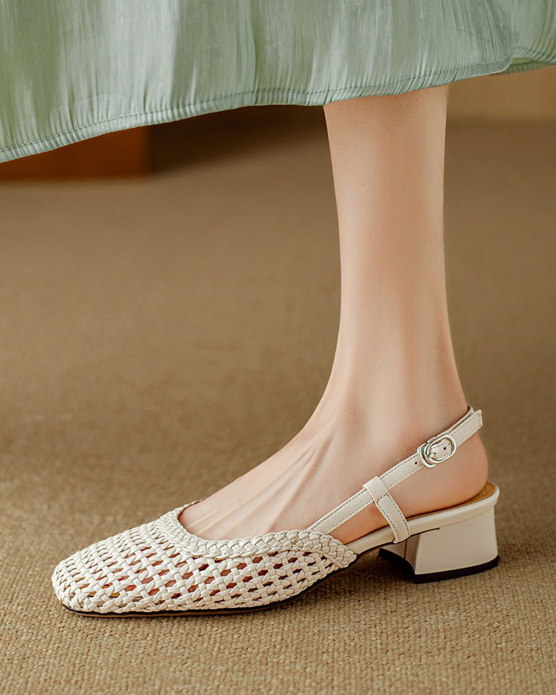 Woven Buckle Strap Slingback Chunky Heel Sandals