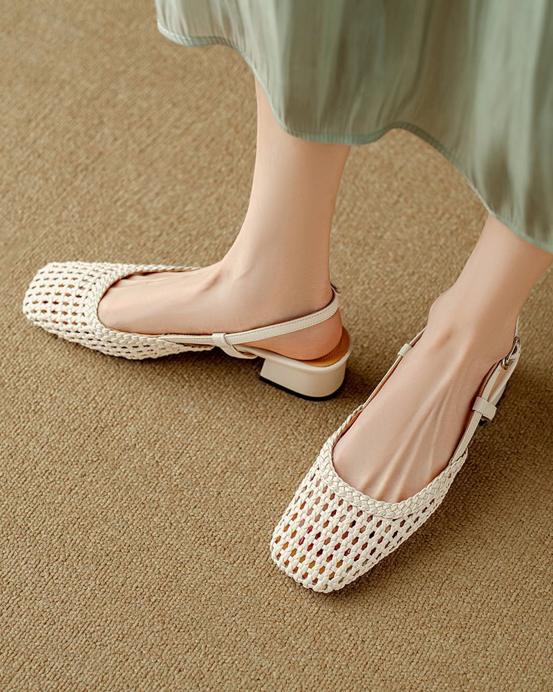 Woven Buckle Strap Slingback Chunky Heel Sandals