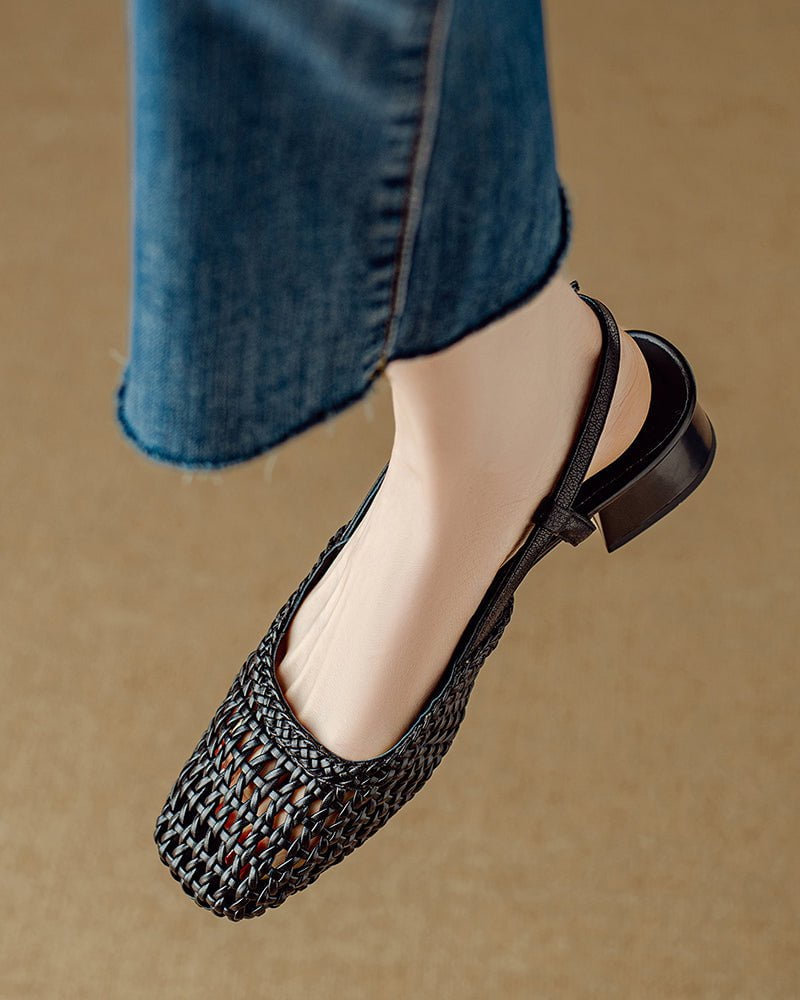 Woven Buckle Strap Slingback Chunky Heel Sandals