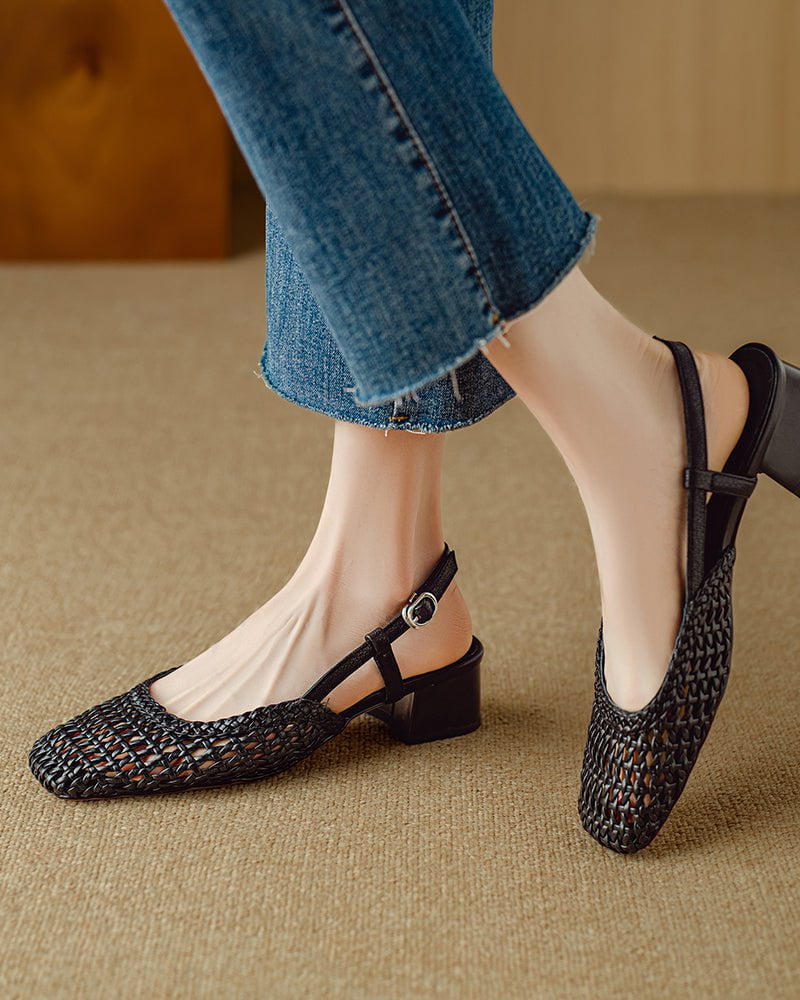 Woven Buckle Strap Slingback Chunky Heel Sandals