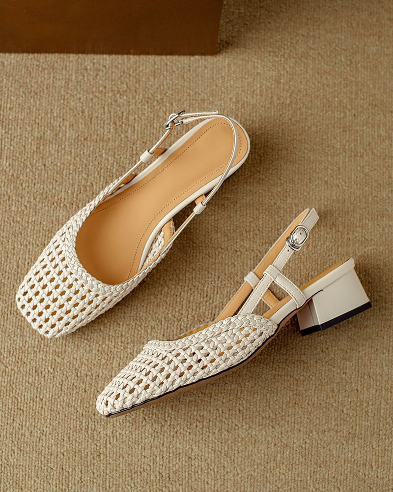 Woven Buckle Strap Slingback Chunky Heel Sandals