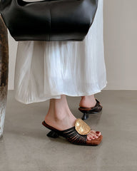 Gilded Emblem Metallic Strap Slides Mules