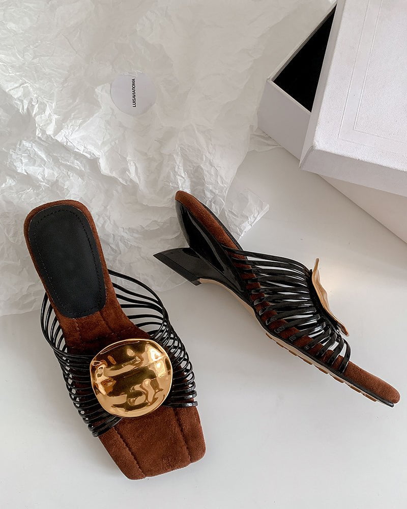 Gilded Emblem Metallic Strap Slides Mules