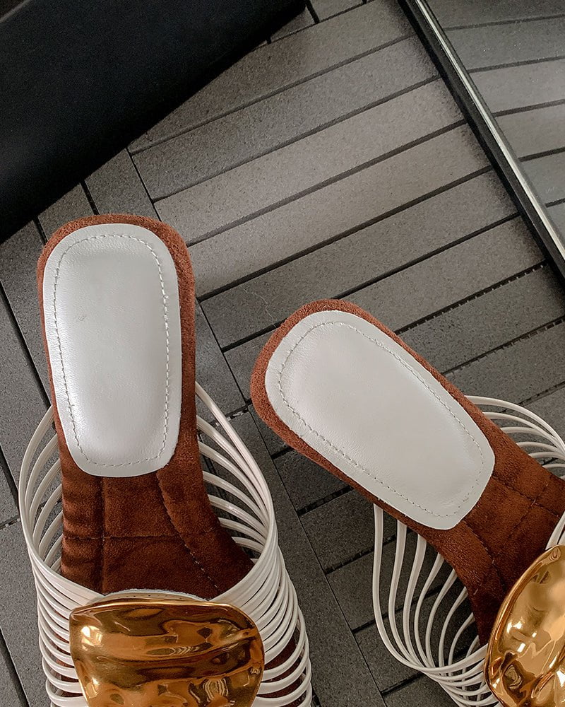 Gilded Emblem Metallic Strap Slides Mules